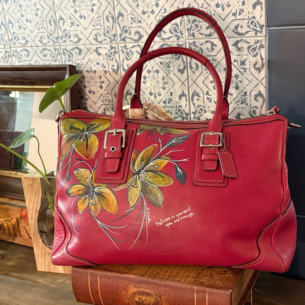 Coach Red Floral Leather Shoulder Bag Customized design by Artist Schatz. - Picture 1 of 9